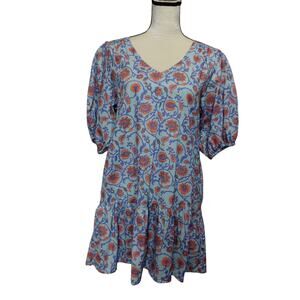 Sundry for Evereve Women's Sz 1 (S) Blue Floral Tiered Puff Sleeve Tunic Dress